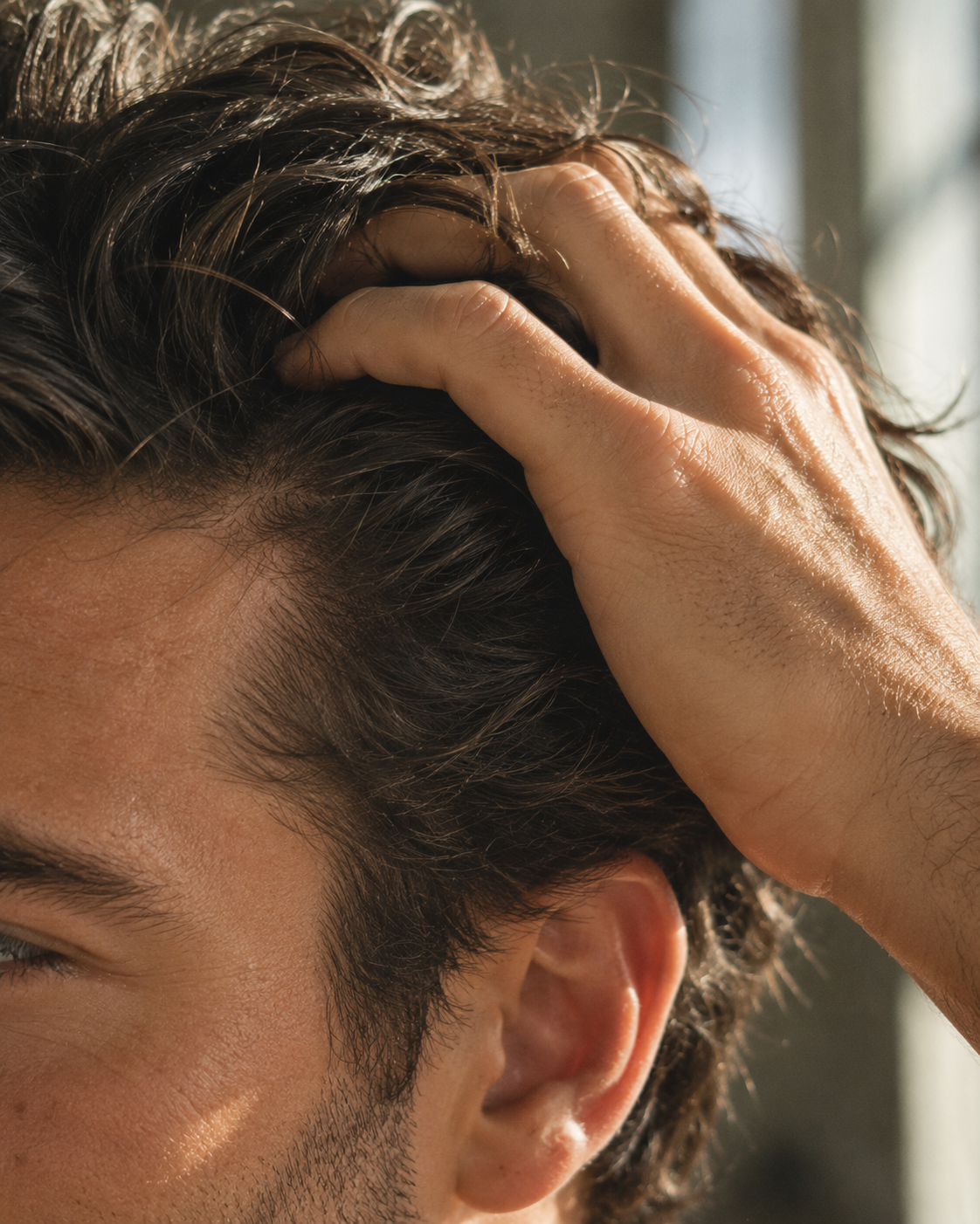 A sunlit hand running through tousled hair.